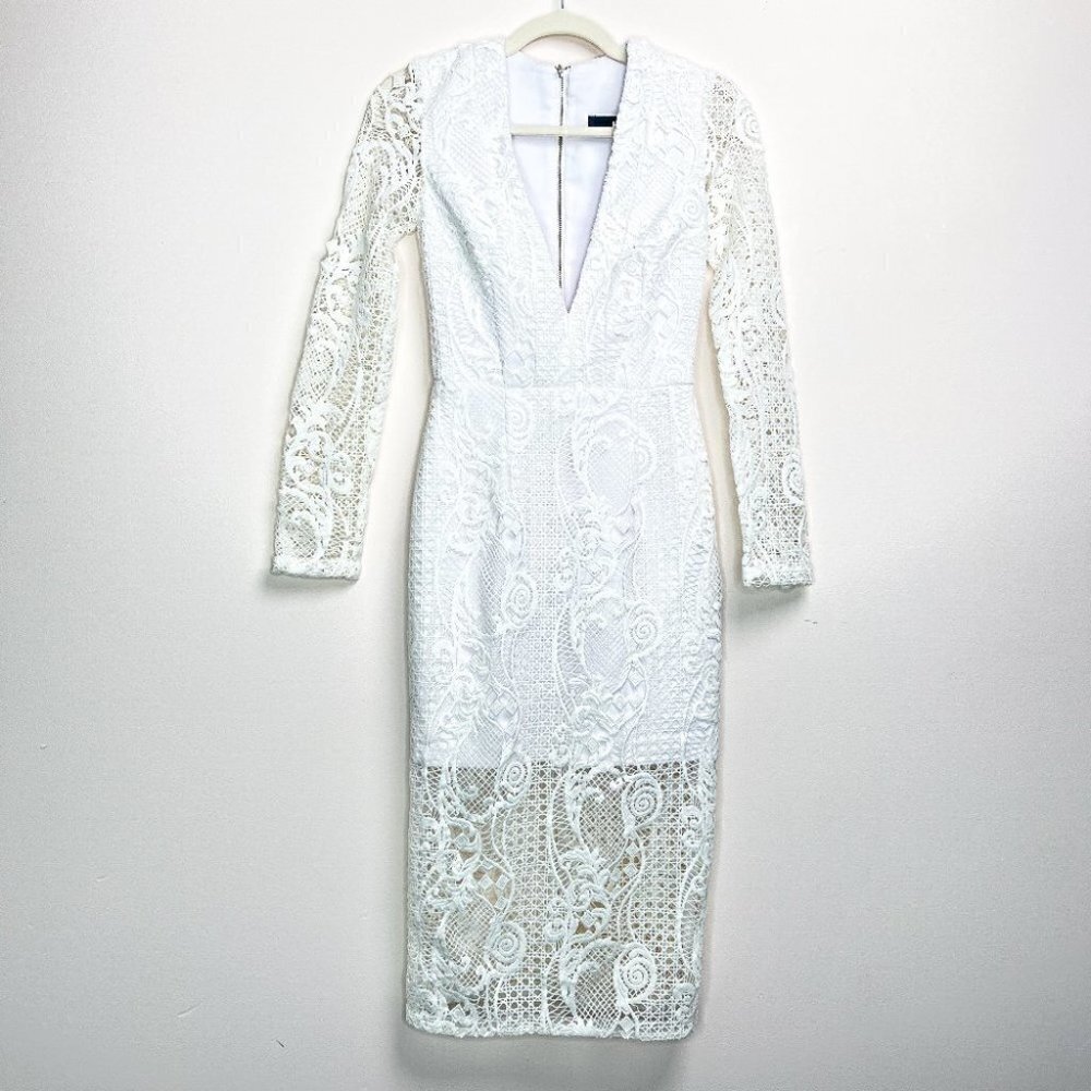 𝅺nicholas Deep V Neck Long Sleeve Lace Midi Dress Sz 0